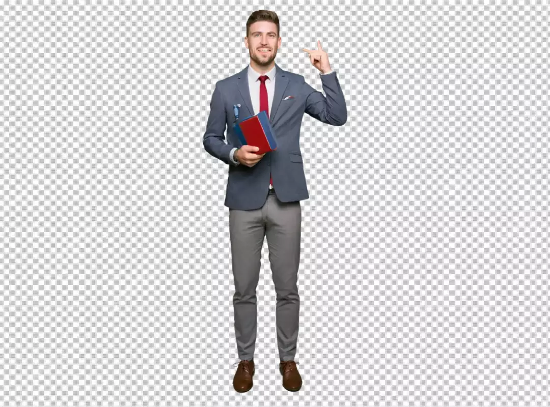 Smiling Young Professional Man in Suit Holding Books Pointing Up