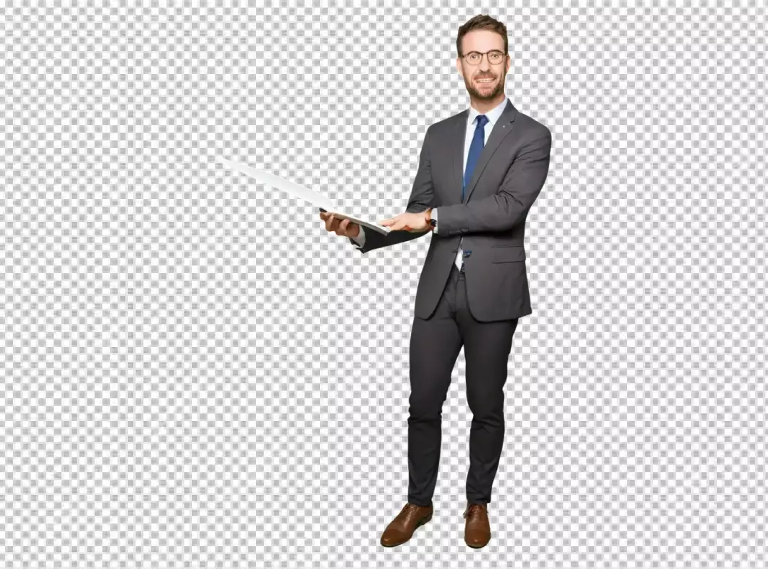 Confident Businessman in Grey Suit Holds Laptop Displaying Information for Professional Presentation