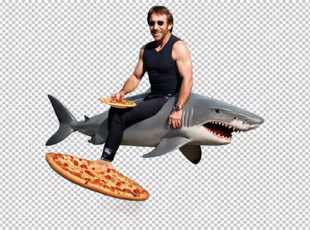Chuck Norris Style Man Riding Shark, Eating Pizza, and Surfing on Giant Pizza Slice