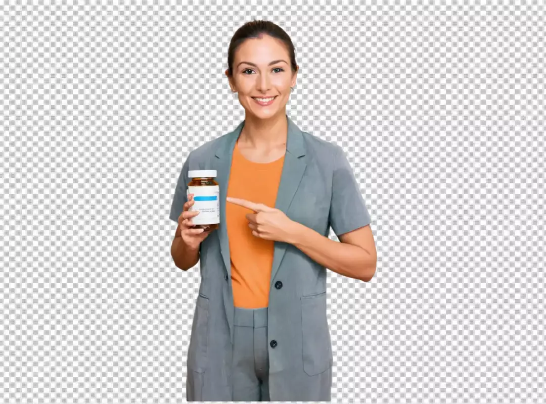 Smiling Woman Holding Medicine Bottle, Pointing to Health Supplements for Wellness