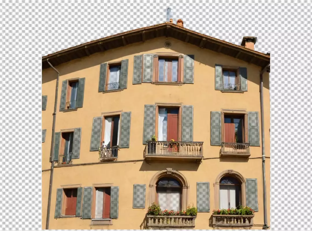 Traditional Ochre Residential Building with Vintage Green Shutters and Decorative Balconies
