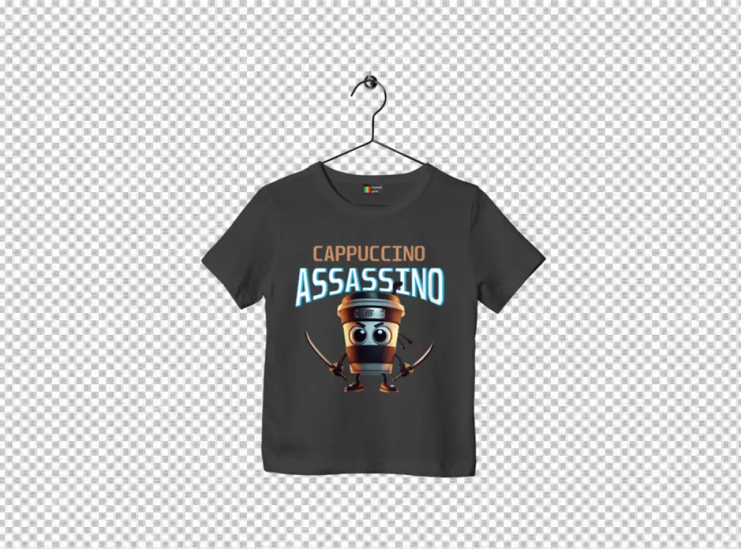Playful Cappuccino Ninja Assassin Character Graphic on Dark T-Shirt Mockup