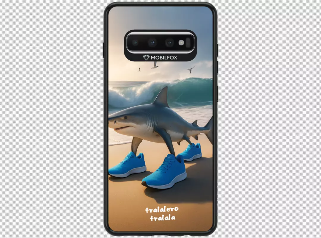 Mobile phone showcasing playful shark in blue sneakers by ocean waves phone case