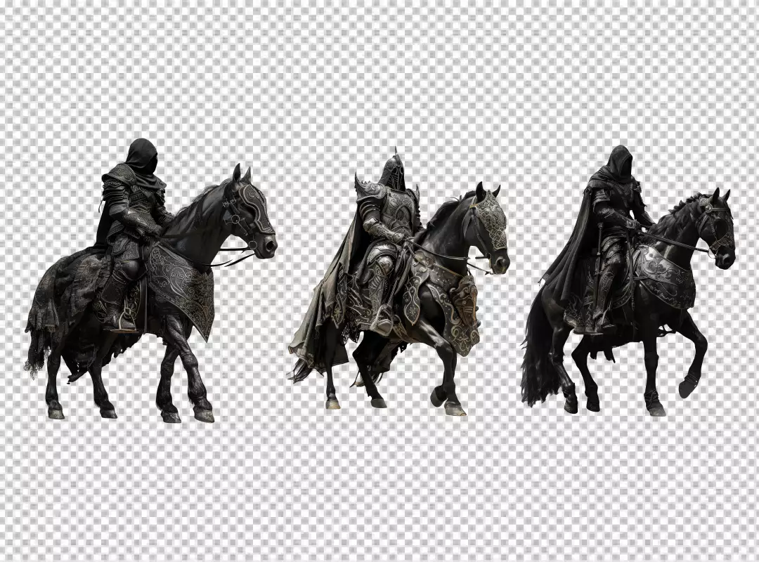 Dark Knight Riding Armored Black Horse in Ornate Medieval Fantasy PNG Cutout