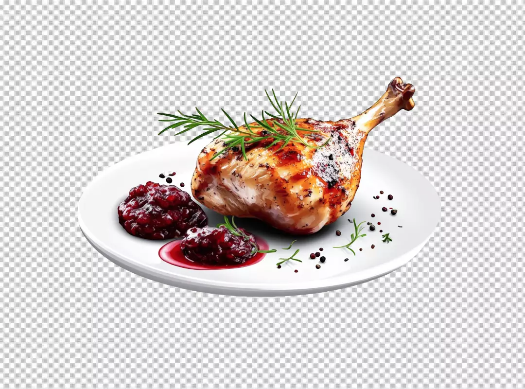 Delicious Roasted Chicken Leg with Cranberry Sauce and Fresh Rosemary Gourmet Meal