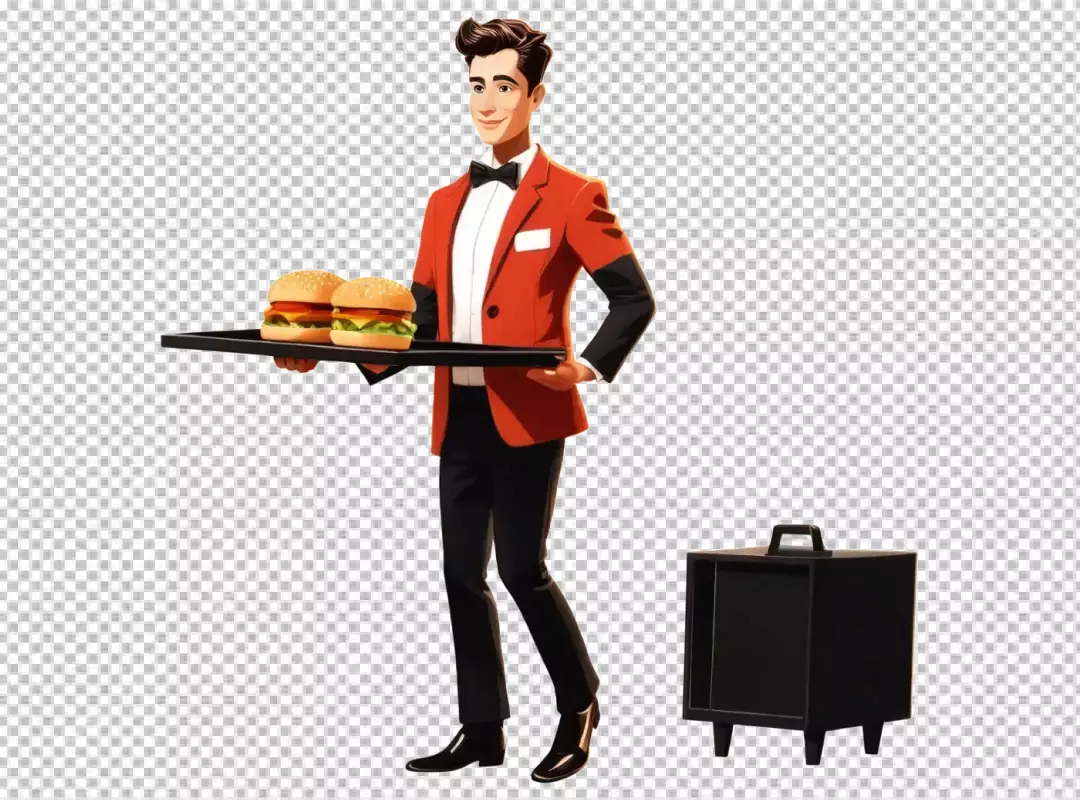 Professional Waiter in Red Jacket Serving Fresh Cheeseburgers on a Tray