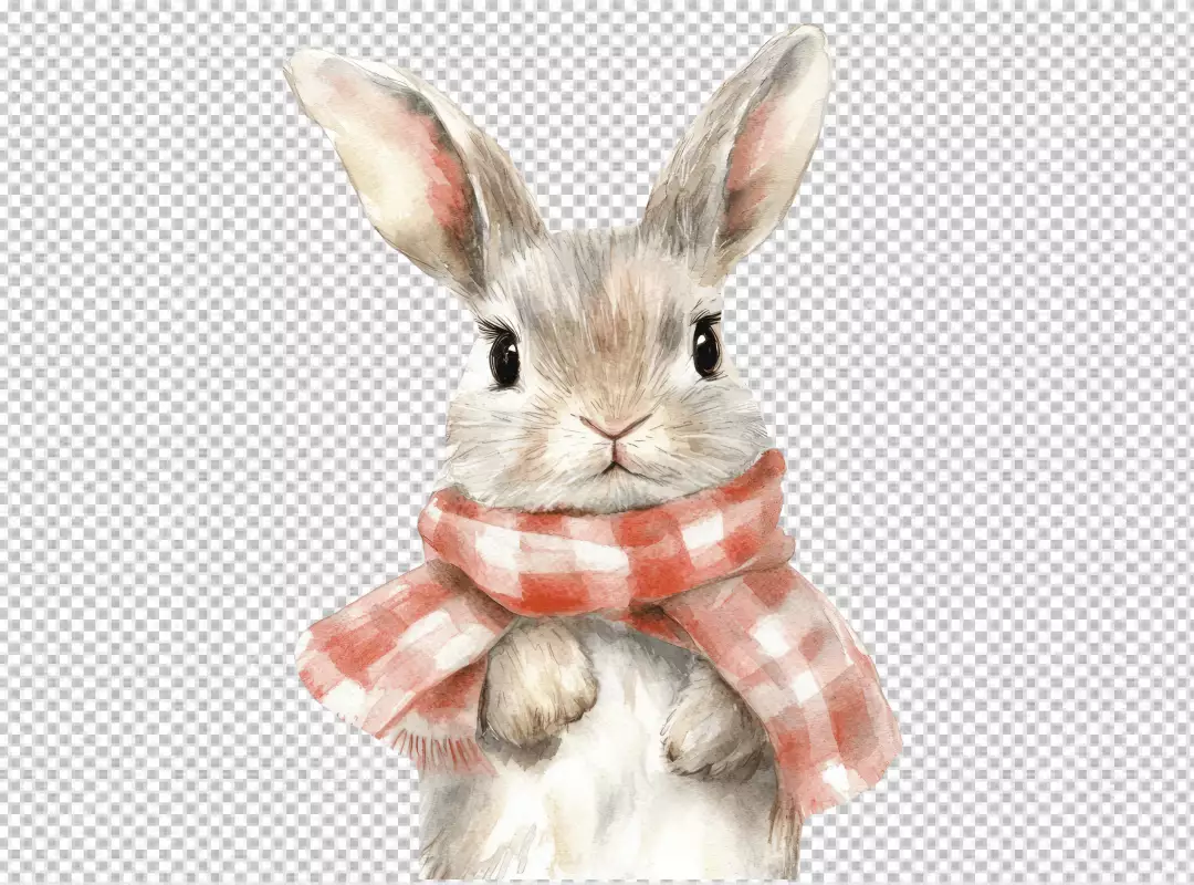 Cute Watercolor Rabbit Wearing Red Plaid Scarf for Festive Designs