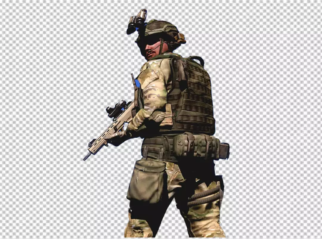 Tactical Soldier in Modern Camouflage Uniform with Rifle and Night Vision Goggles