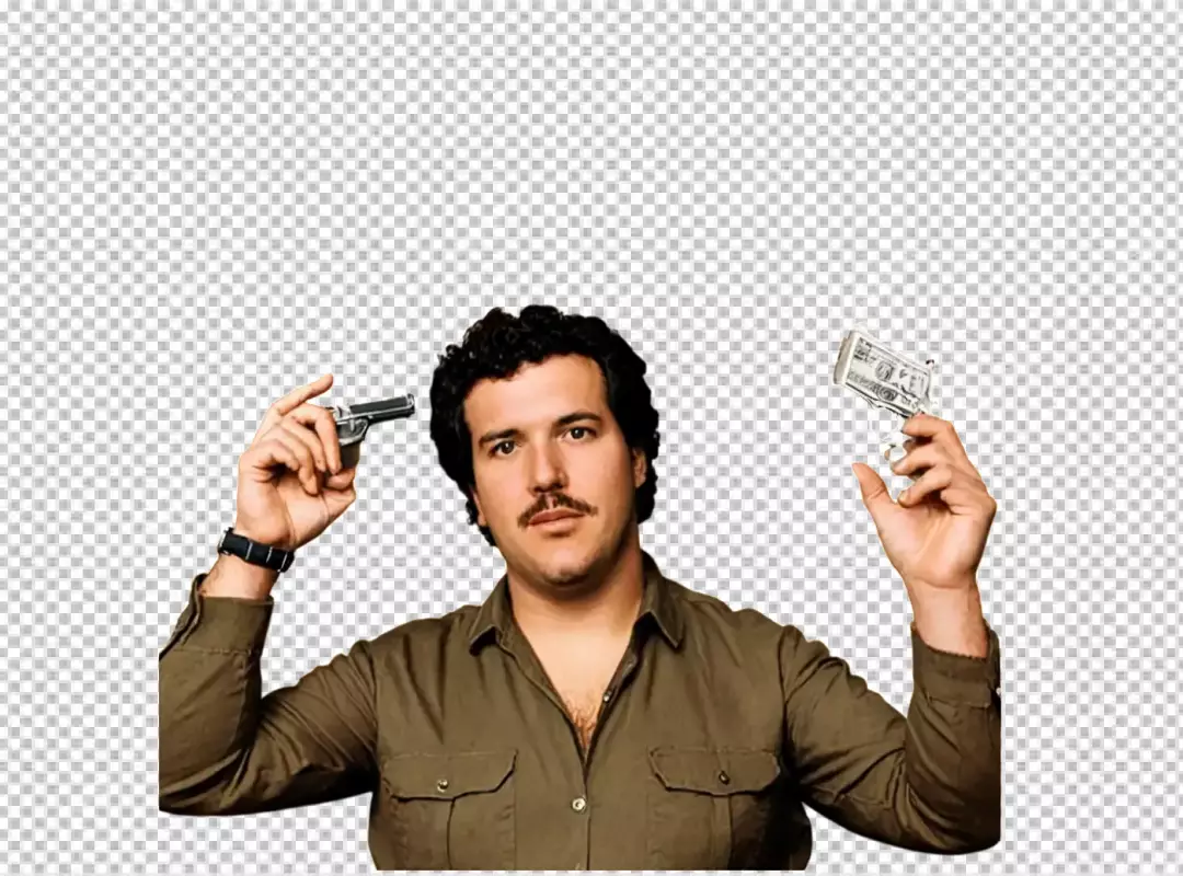 Charismatic Man with Mustache Holding Money Gun and Real Pistol, Symbolizing Power