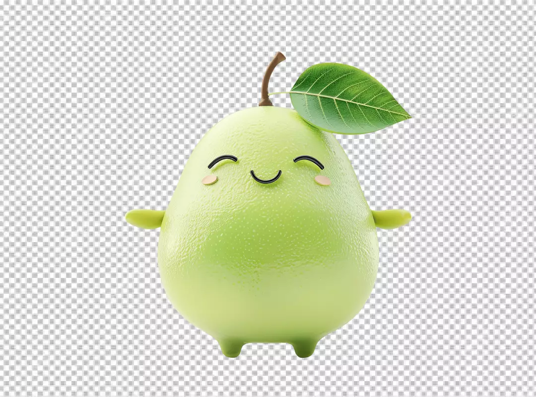 Cute 3D Smiling Green Pear Character with Fresh Leaf for Playful Designs
