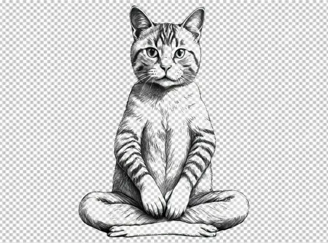 Black and White Cat Meditating in Lotus Pose Digital Line Art Illustration