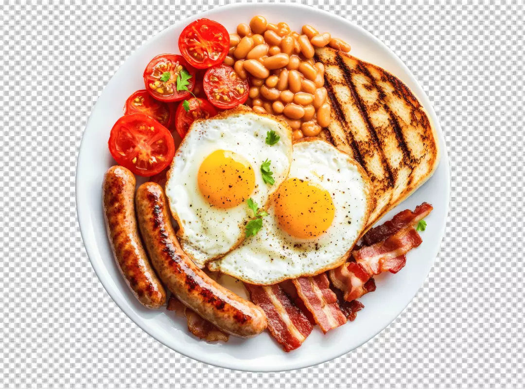 Classic Full English Breakfast Plate with Fried Eggs, Bacon, Sausages, Baked Beans, and Toast Cutout