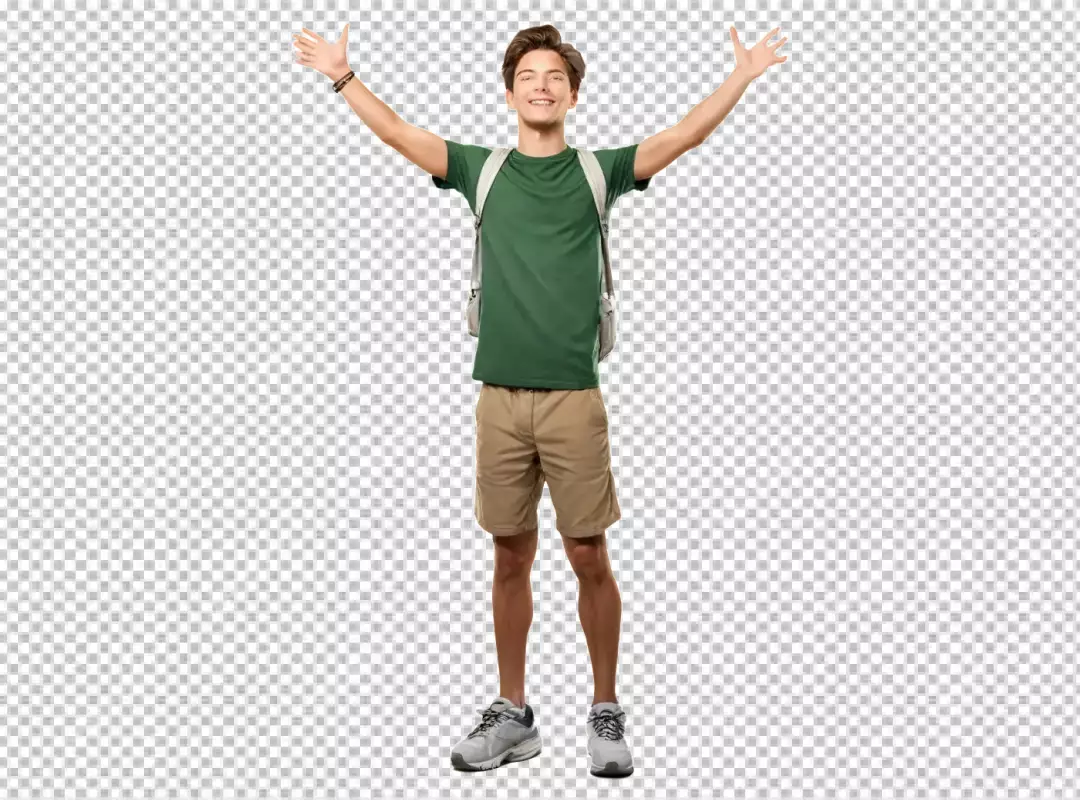 Joyful Young Man with Open Arms and Backpack, Smiling on White Background