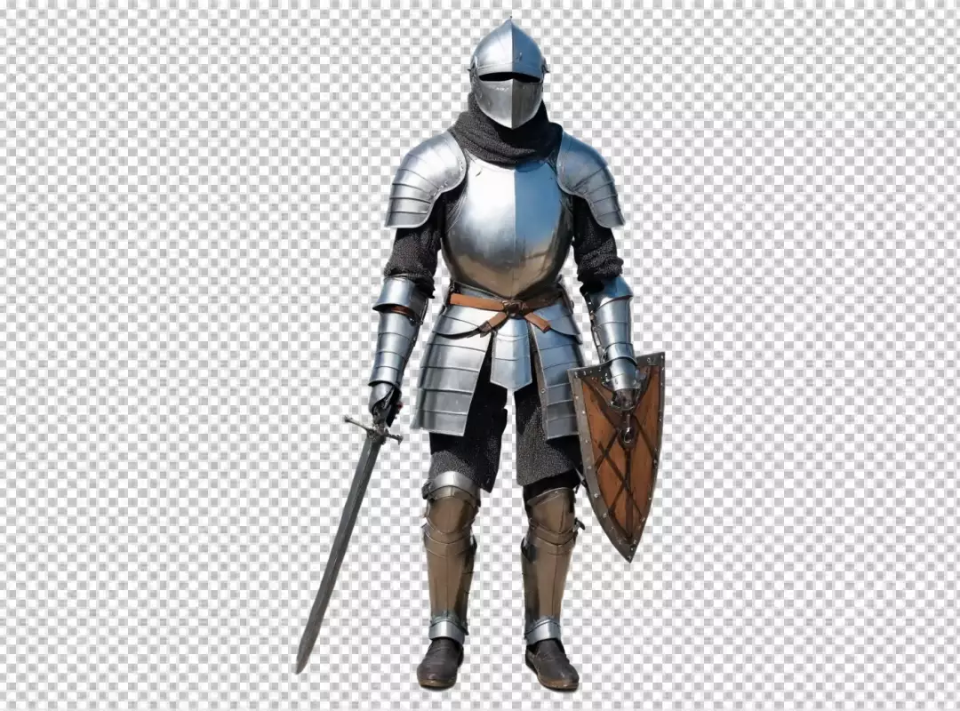 Detailed full body image of a medieval knight in shining armor with sword and shield