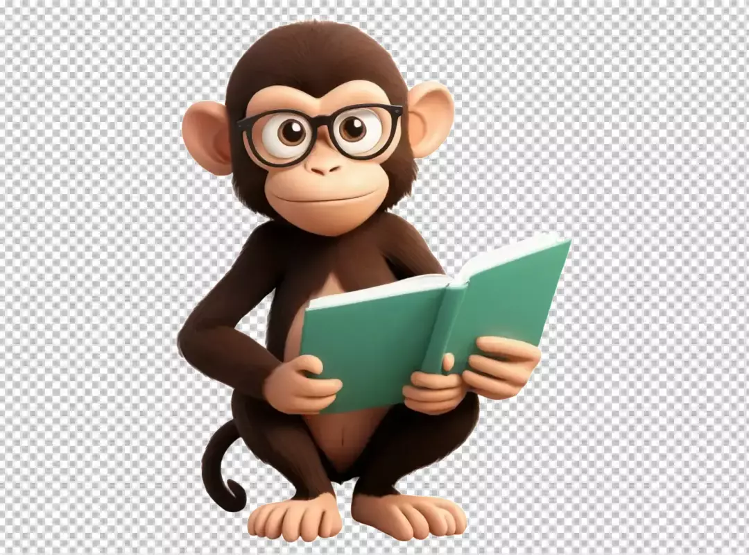 Charming 3D Monkey Character Reading a Green Book While Squatting