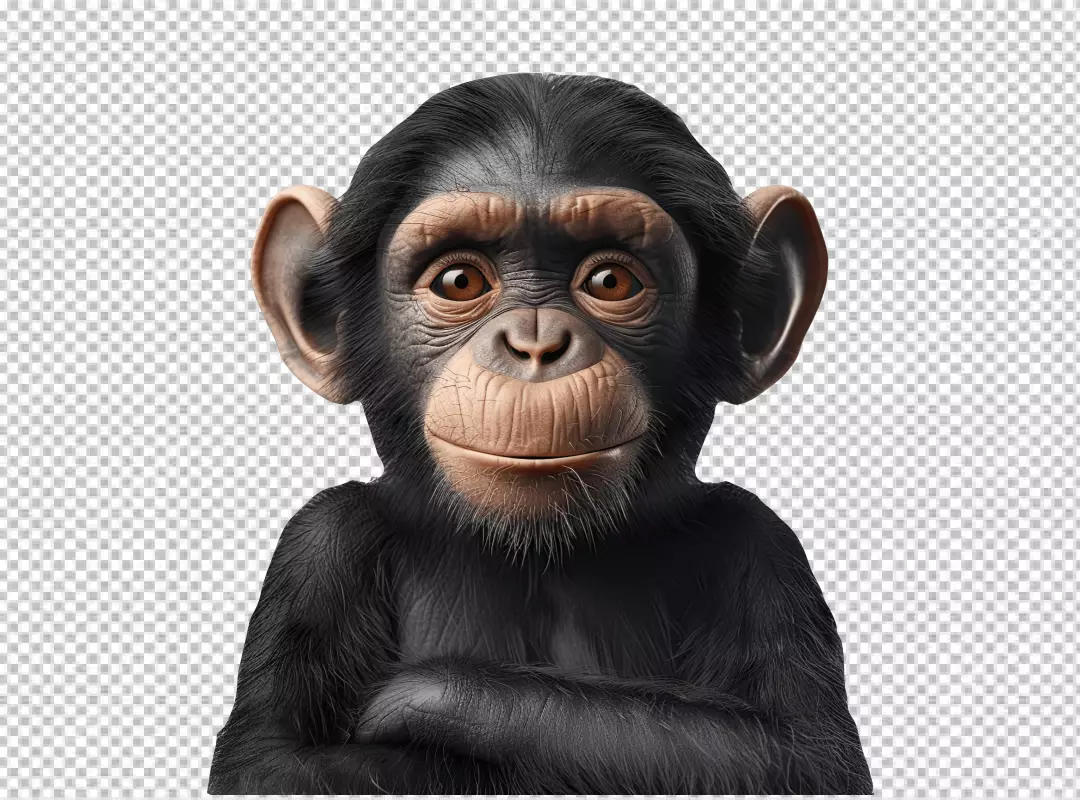 Cute Baby Chimpanzee Smiling with Arms Crossed PNG Cutout Image for Creative Projects