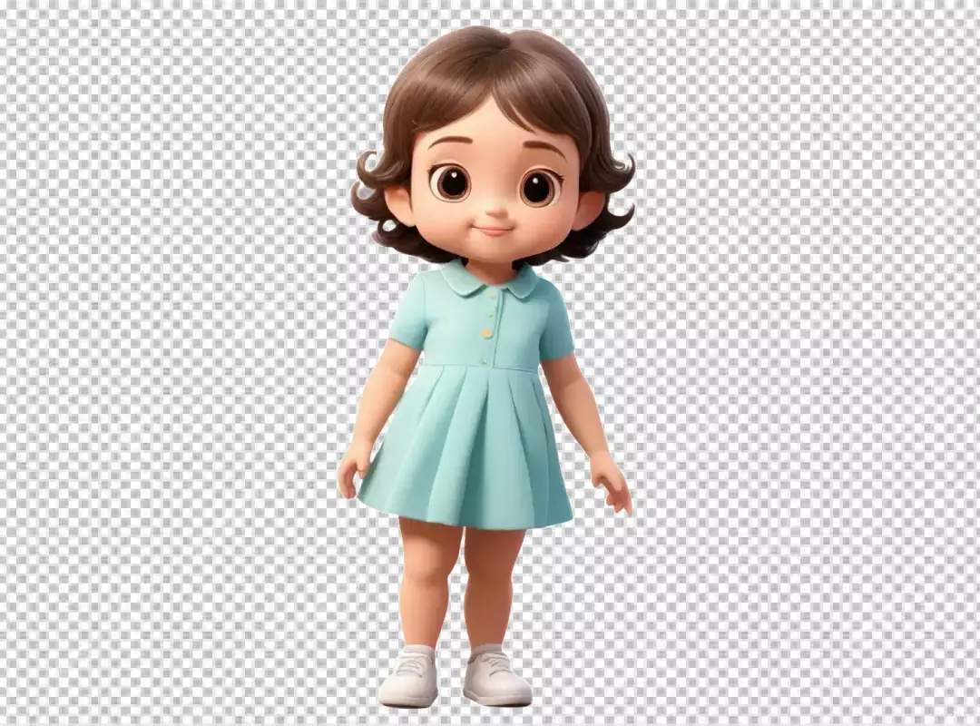 Adorable 3D Animated Little Girl Smiling in Blue Dress and White Sneakers