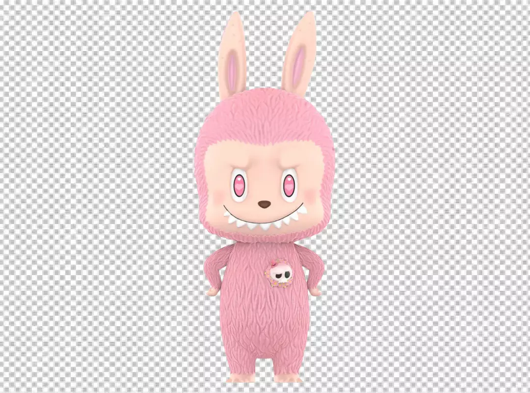 Adorable Pink Furry Monster Figure with Bunny Ears, Heart Eyes, and Skull Patch
