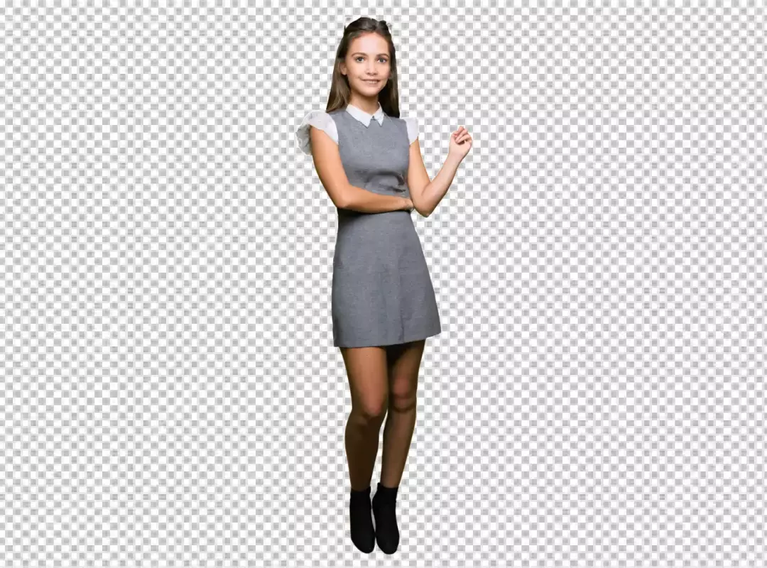 Smiling Young Woman in Elegant Grey Dress with Ruffled Sleeves