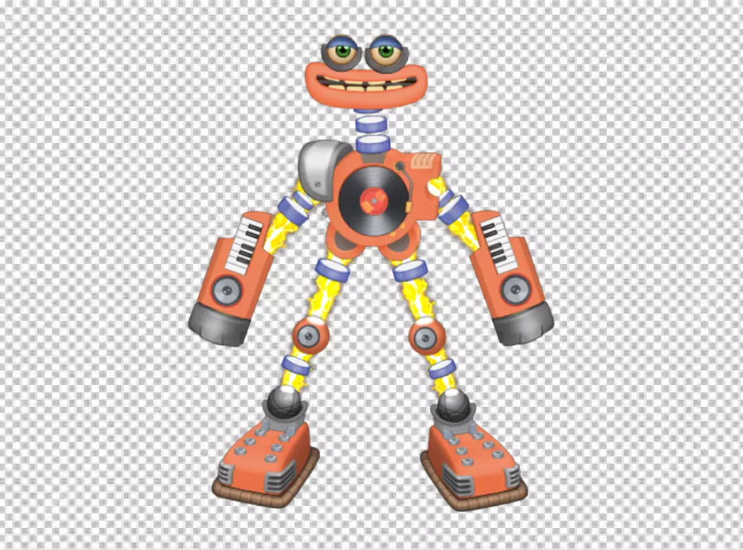 Cheerful Retro Music Robot Character with Record Player, Keyboards, and Glowing Limbs
