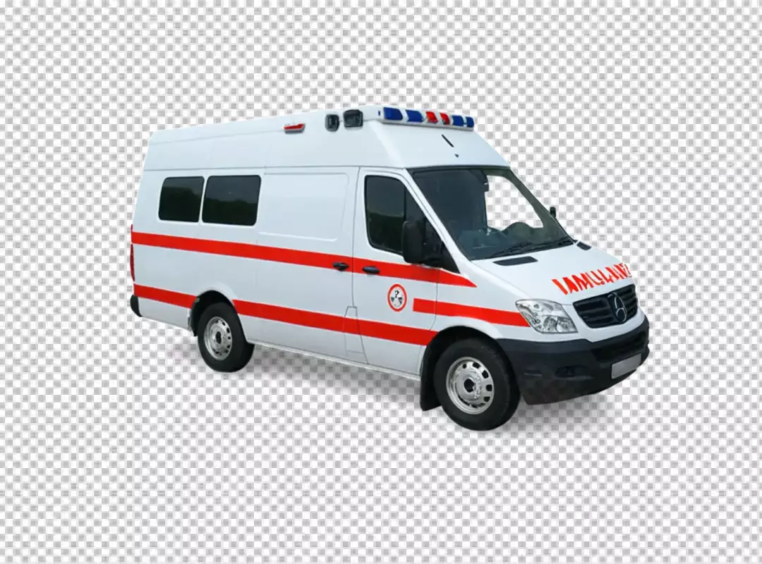 Modern White Medical Ambulance Van with Red Stripes and Blue Lights