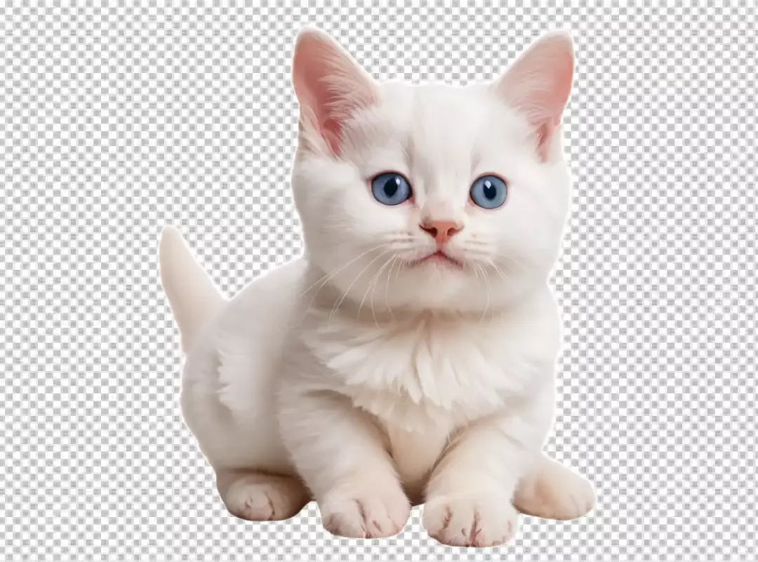 Cute Fluffy White Kitten with Bright Blue Eyes Isolated on Transparent Background
