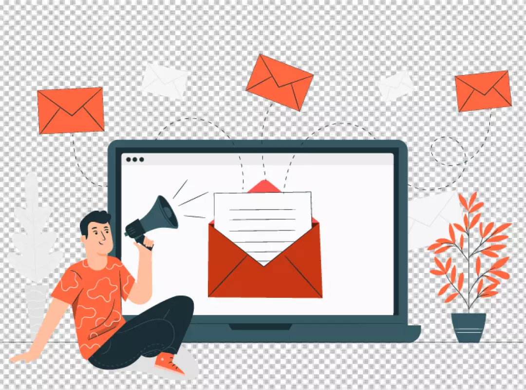 Man Announcing Email Marketing Strategy on Laptop with Flying Envelopes