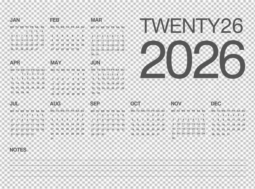 Elegant 2026 Yearly Planner Grid with Dark Aesthetic and Notes