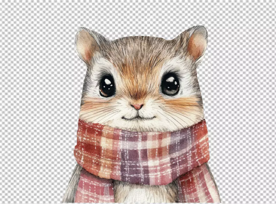 Adorable Watercolor Hamster Wearing Cozy Plaid Winter Scarf Illustration