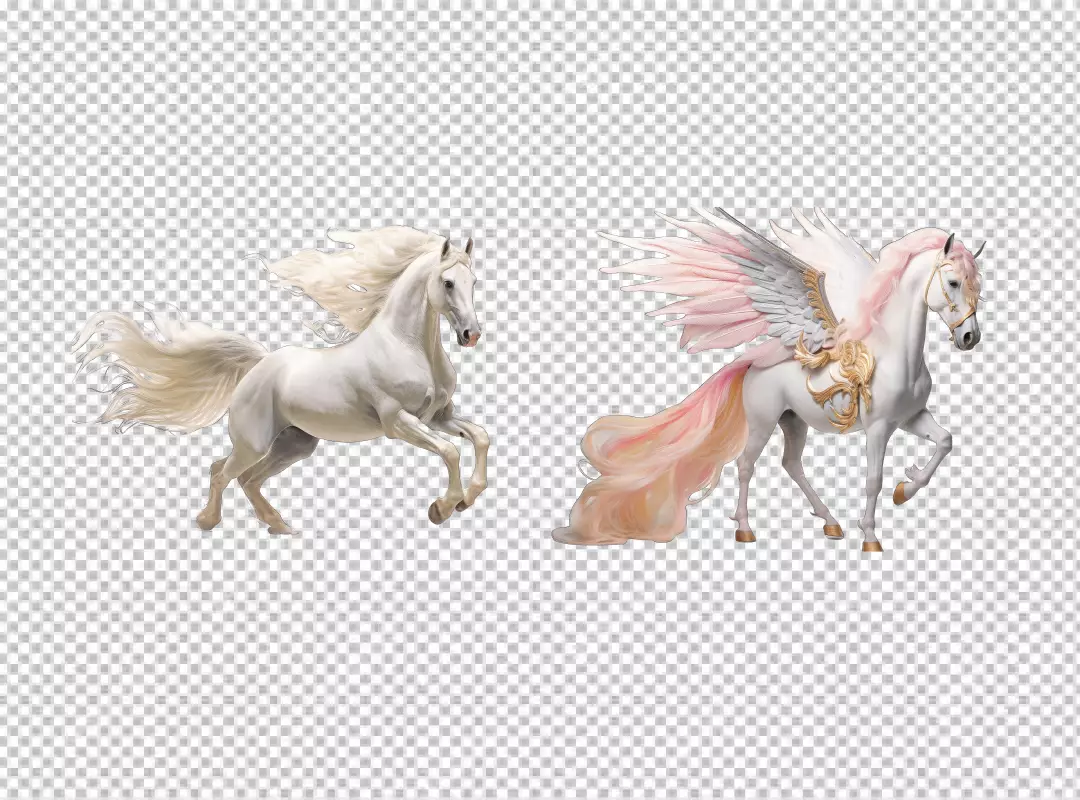 Majestic Fantasy Horses Duo: Graceful White Horse and Ethereal Flying Pegasus PNG