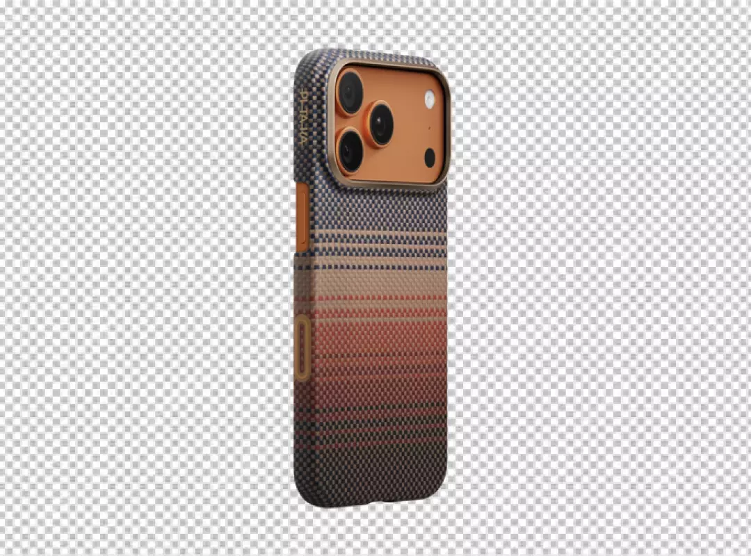 Stylish iPhone Pro Case with Woven Blue Orange Gradient Pattern and Gold Camera Detail