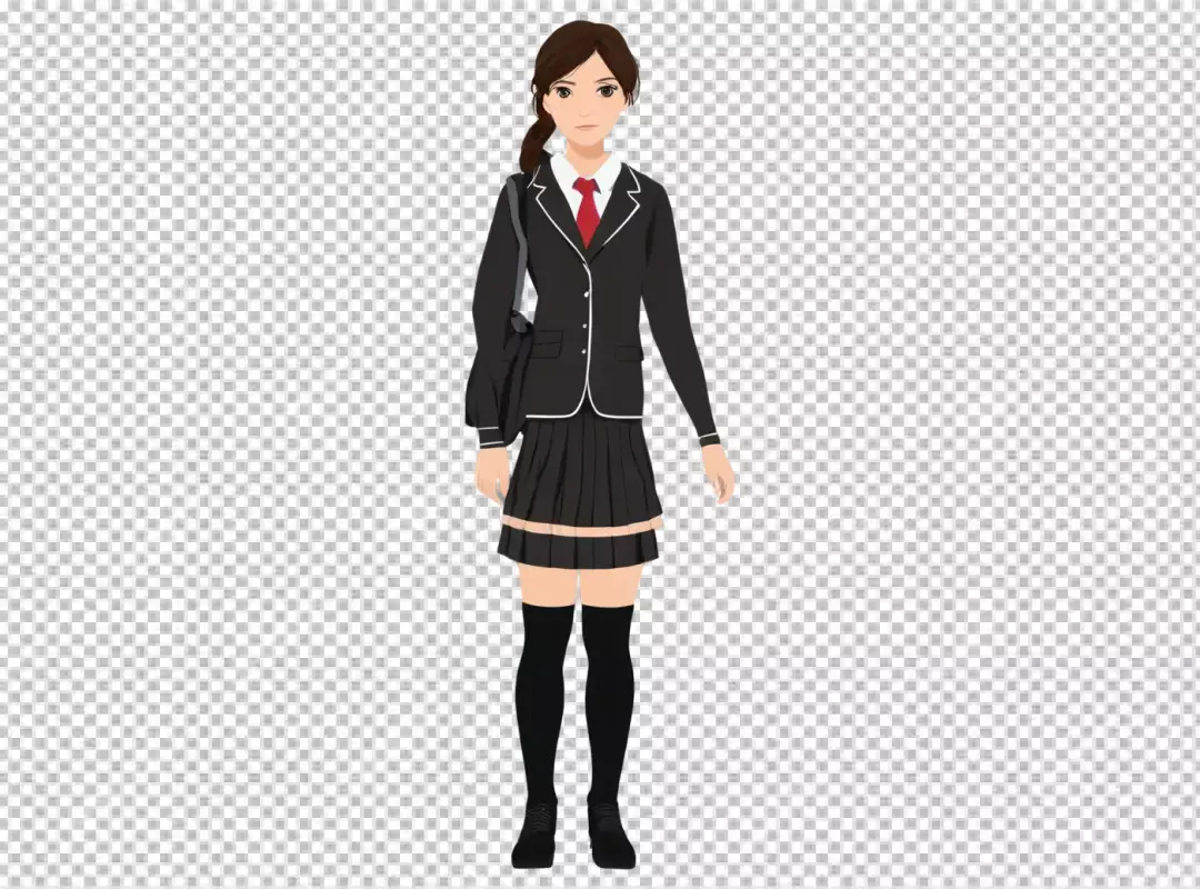 Anime Style Student in Classic Black School Uniform with Red Tie Illustration