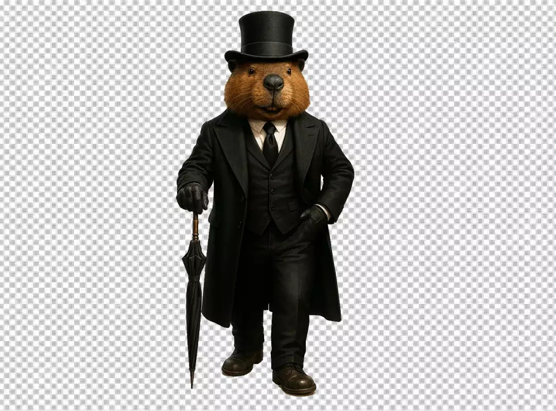 Dapper Anthropomorphic Beaver Gentleman in Top Hat and Suit with Umbrella