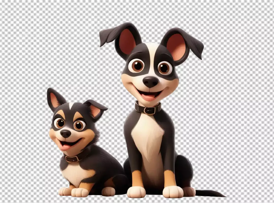 Happy Cartoon Puppies: Two Playful Black, White, and Tan Dogs Smiling, Isolated on White Background