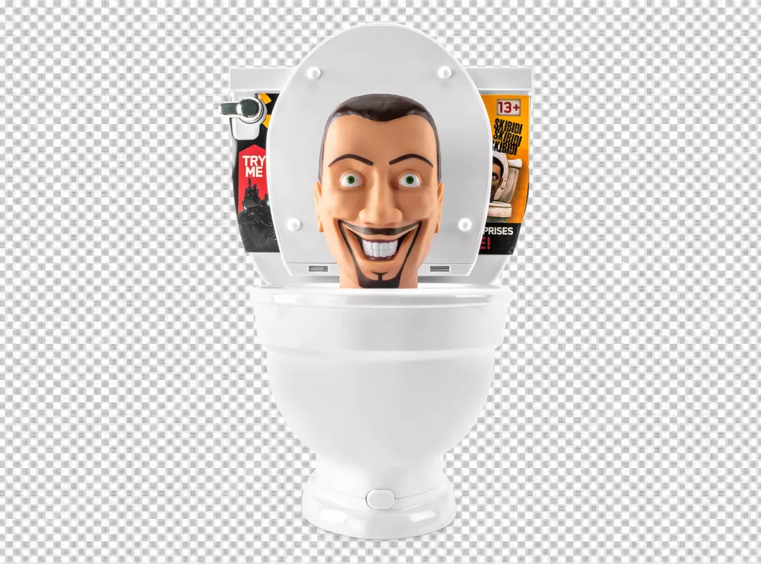 Skibidi Toilet Toy with Smiling Head Emerging from White Ceramic Fixture