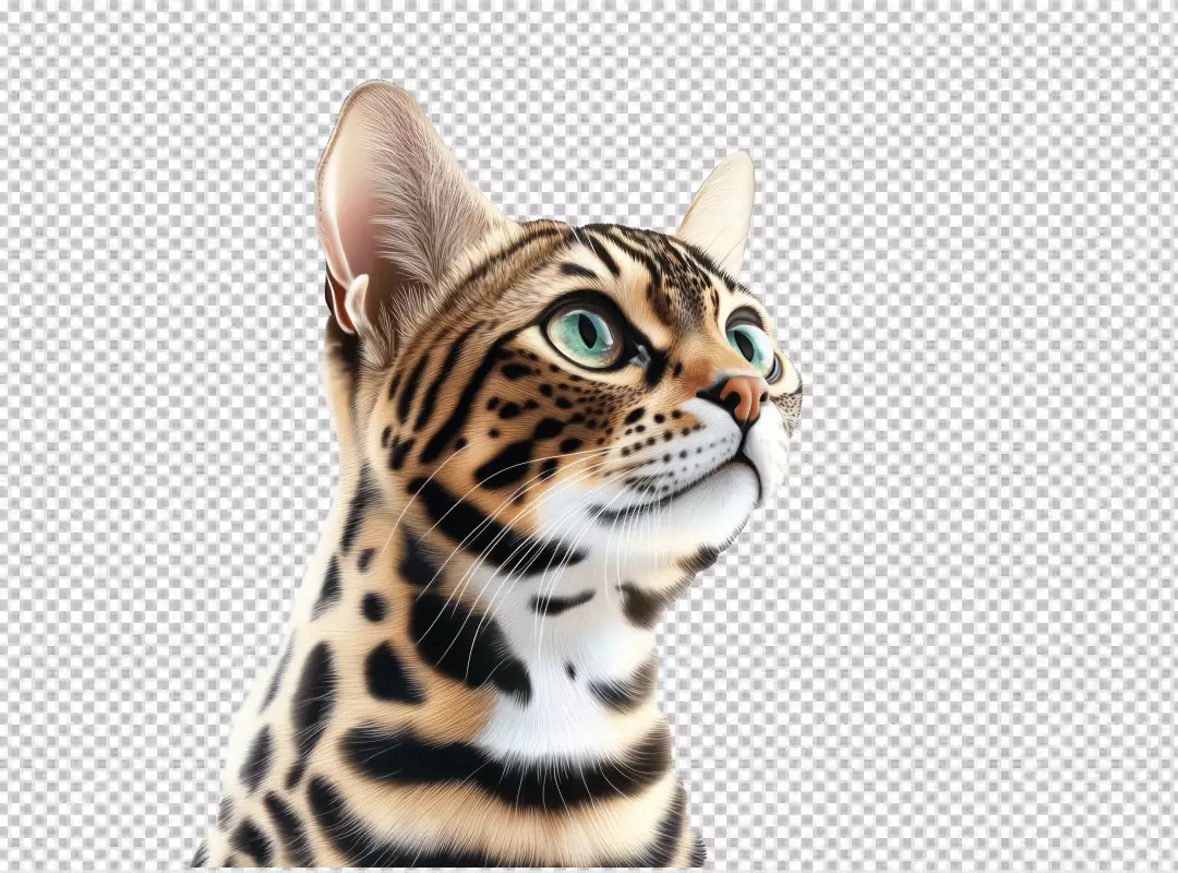Alert Bengal Cat Looking Upward with Striking Green Eyes PNG Cutout