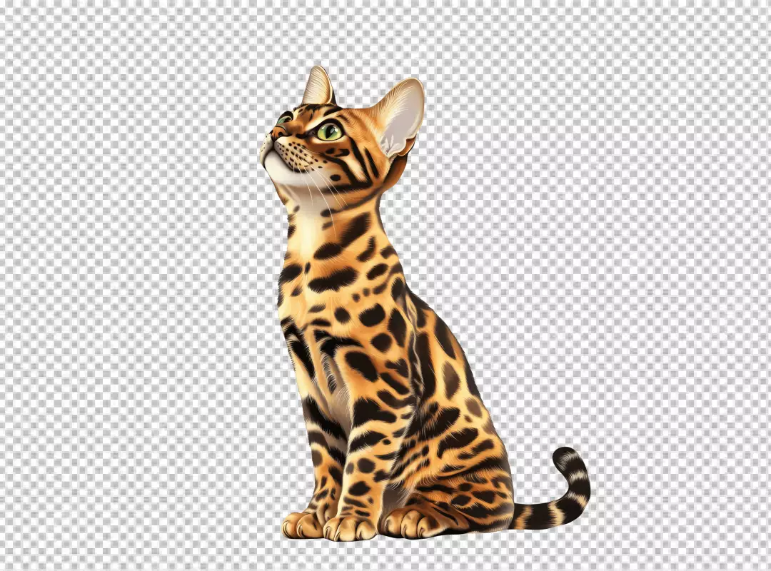 Adorable Bengal Cat Illustration Looking Up with Bright Green Eyes
