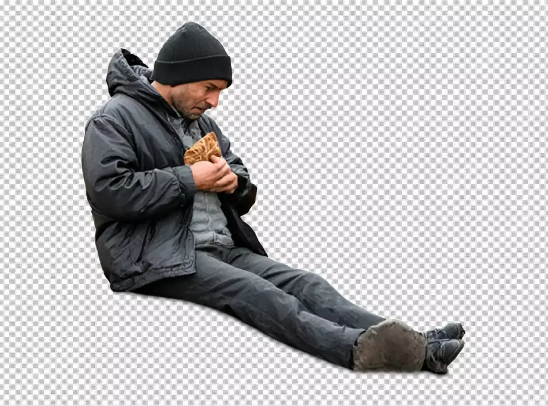 Pensive Man in Worn Clothes Cradling Bread, Symbolizing Hunger and Hope