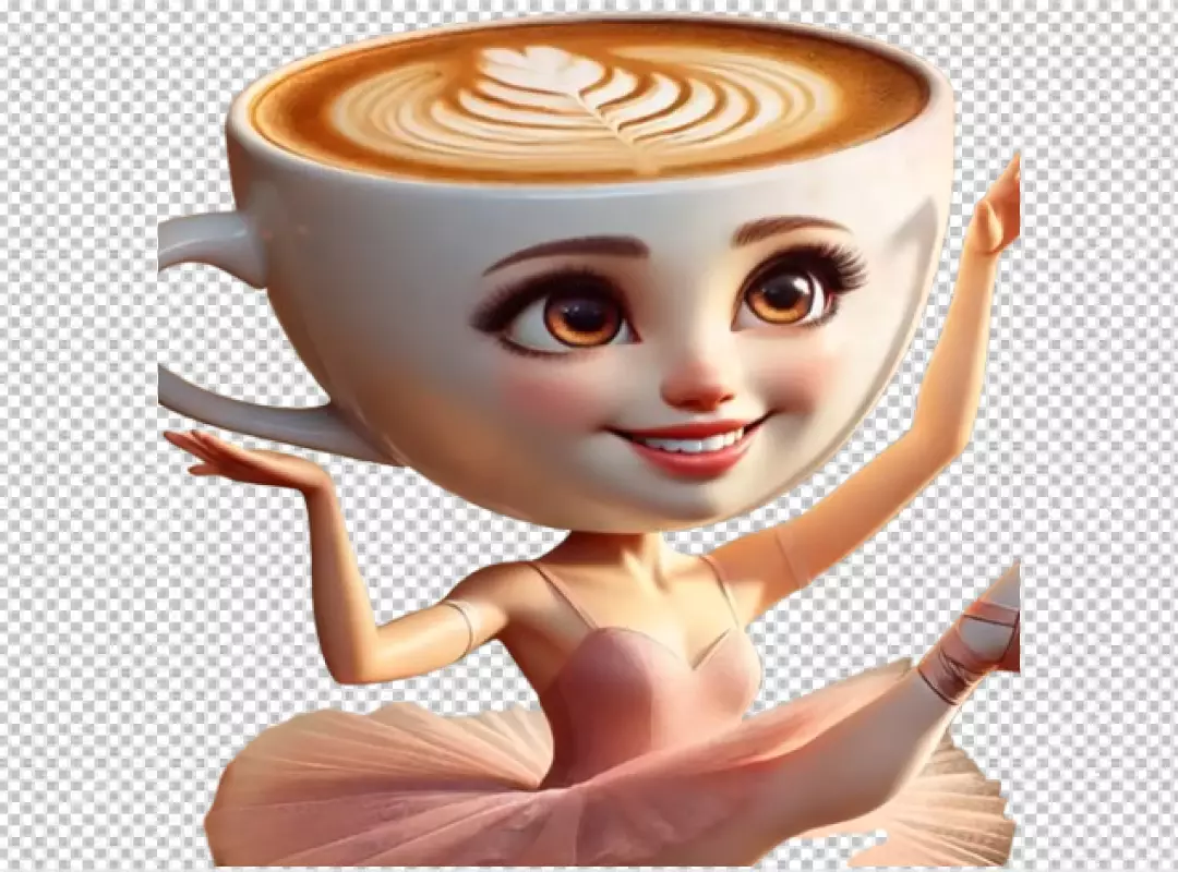 Charming Coffee Cup Ballerina Character with Delicate Latte Art Head