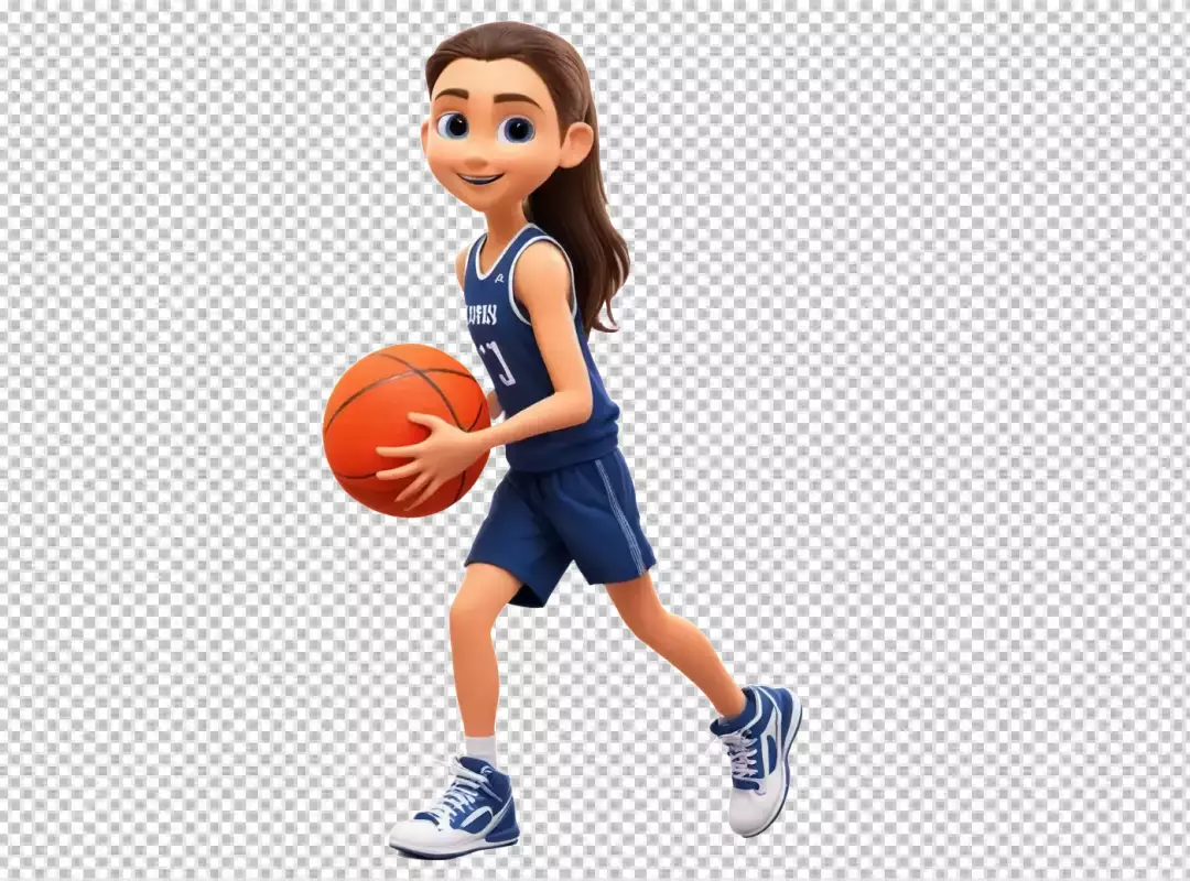 Energetic 3D Animated Girl Dribbling Basketball in Blue Sports Uniform
