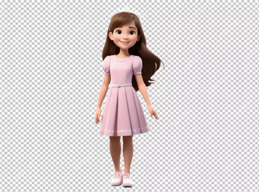 Smiling 3D Cartoon Princess in Pink Dress with Tiara and Flowing Brown Hair