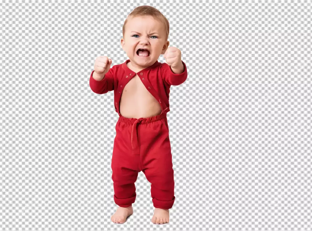 Expressive Toddler in Red Outfit Roaring with Clenched Fists on White Background
