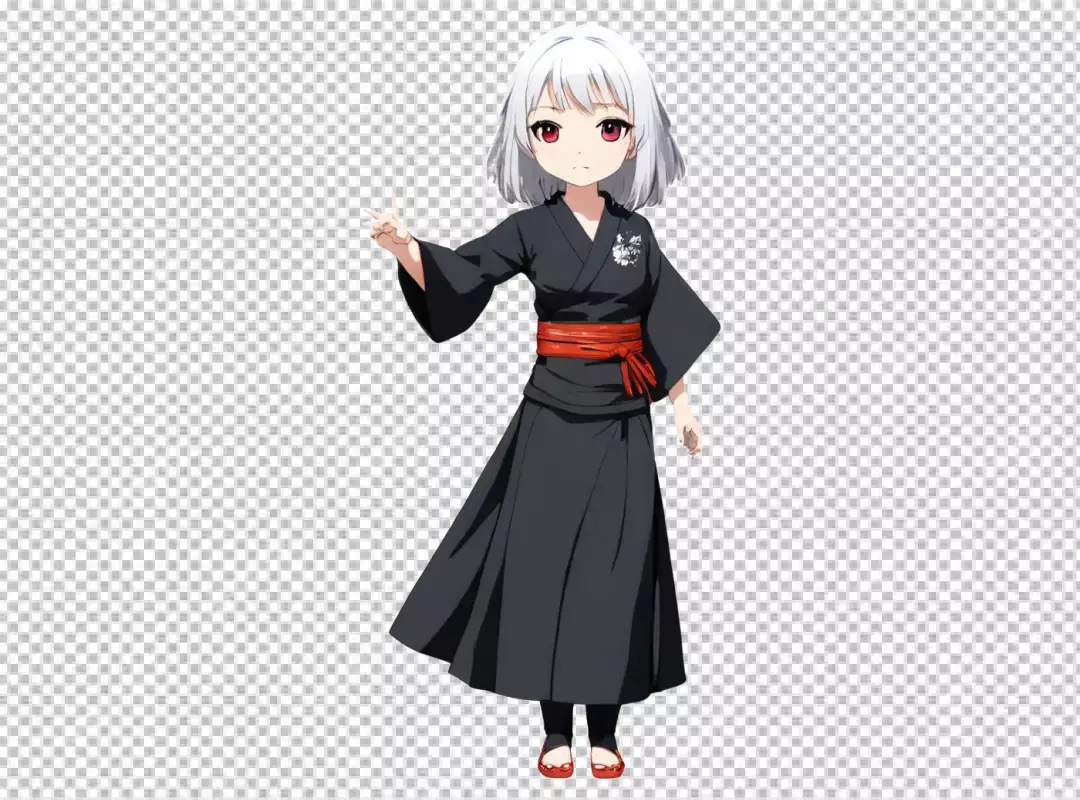 Charming Anime Girl with Short White Hair and Red Eyes Wearing a Black Kimono with Red Obi