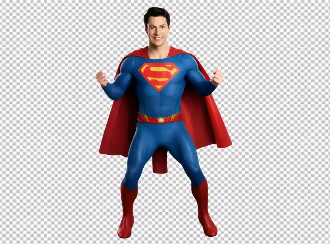 Smiling Man in Iconic Blue Superhero Suit Flexing Muscles and Red Cape