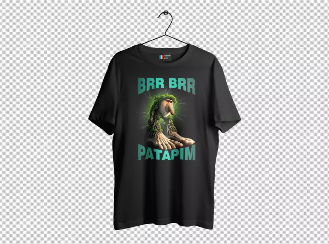 Black T-Shirt Featuring Whimsical Moss Creature and 'Brr Brr Patapim' Text Design