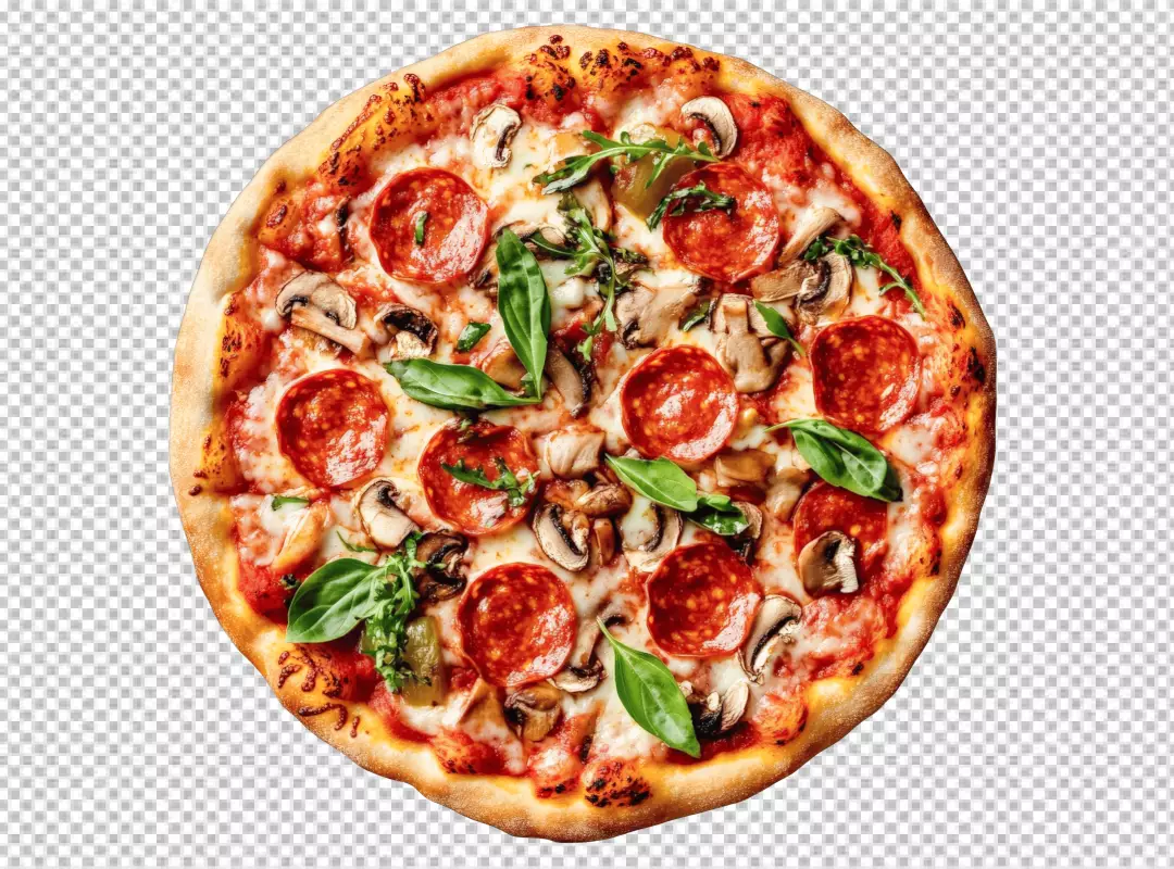 Delicious Classic Pepperoni Mushroom Pizza with Fresh Basil Leaves PNG