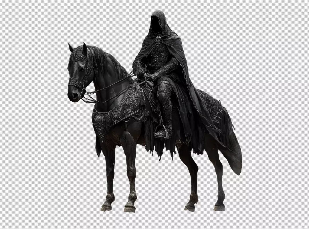 Mysterious Dark Hooded Figure Riding Armored Fantasy Horse PNG Cutout