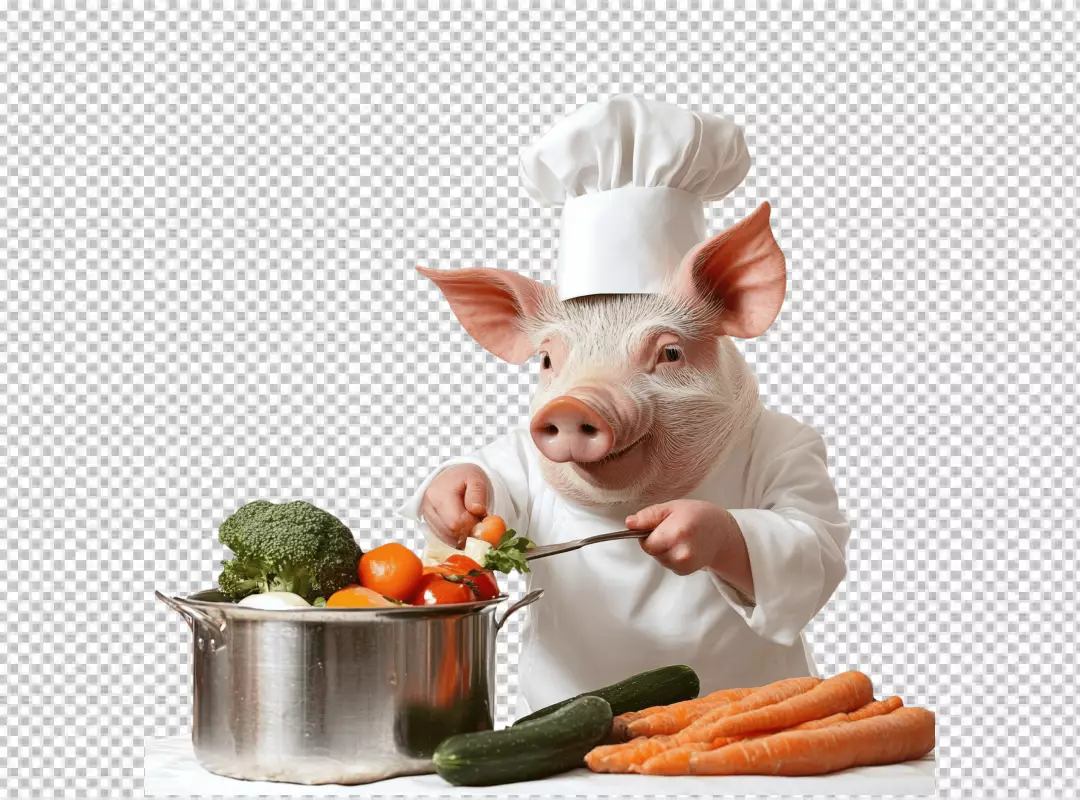Funny Pig Chef Cooking Fresh Vegetables in Pot