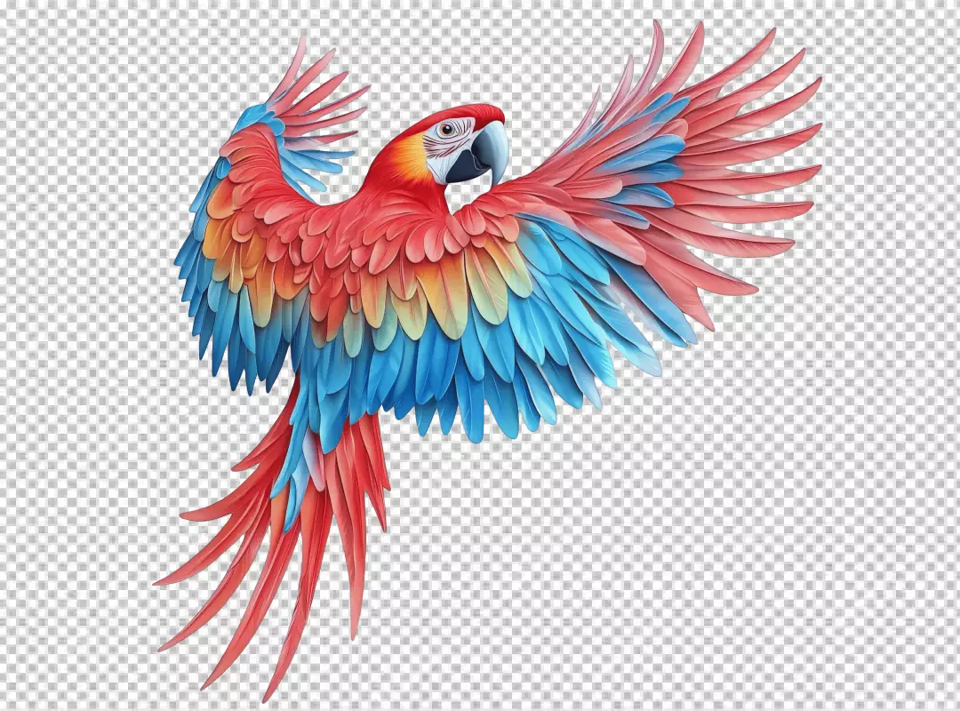 Vibrant Flying Macaw PNG Cutout – Colorful Tropical Parrot Bird in Dynamic Flight