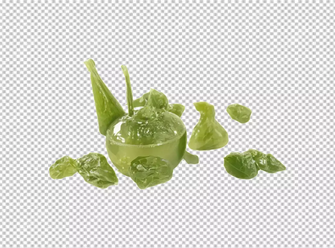 Glossy Green Sweet Treats: Bowl-Shaped Candy and Scattered Pieces on White